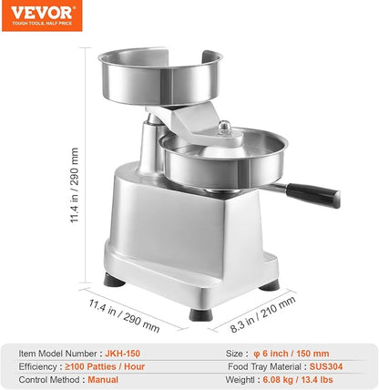 VEVOR Commercial Burger Patty Maker, 150mm/6inch Hamburger Beef Patty Maker, Heavy Duty Food-Grade Stainless Steel Bowl Burger Press Machine, Kitchen Meat Forming Processor with 1000 Pcs Patty Papers