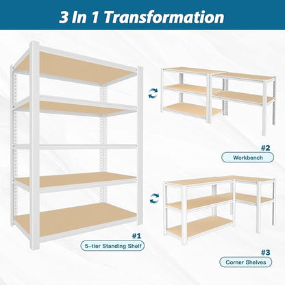 PrimeZone 24" W x 16" D x 59" H Closet Storage Shelves - 5 Tier White Metal Connector Shelving Unit, Adjustable Heavy Duty Garage Shelves, Utility Rack Organizer Shelf for Kitchen Pantry Closet, 3 PCS