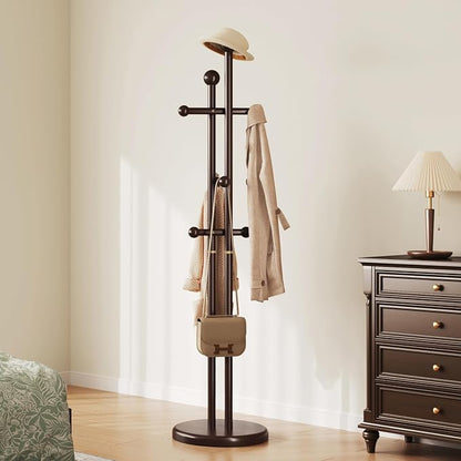 Uniclinens Wood Coat Rack Freestanding - Heavy Duty Freestanding Coat Rack, Wooden Coat Stand with 6 Hooks Creative Tree Branch-look for Entryway, Hallway, Bedroom (Dark Walnut)