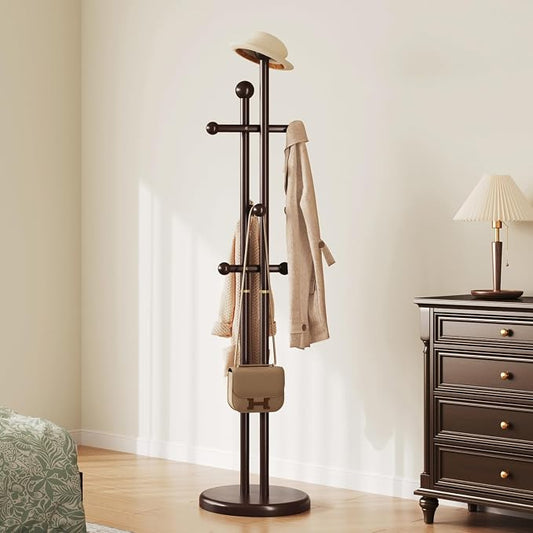 Uniclinens Wood Coat Rack Freestanding - Heavy Duty Freestanding Coat Rack, Wooden Coat Stand with 6 Hooks Creative Tree Branch-look for Entryway, Hallway, Bedroom (Dark Walnut)