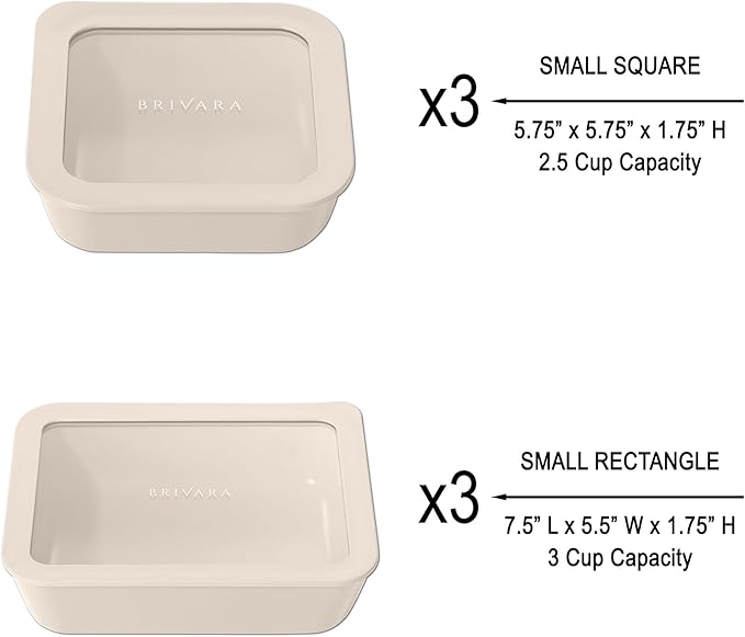 BRIVARA HOME Ceramic Coated Glass Food Storage Container | No PTFE, PFOA, PFAS, and BPA | Reusable Non Toxic Meal Prep Container with Glass Lid | Easy To Store | 6 Piece Food Prep [Crema]