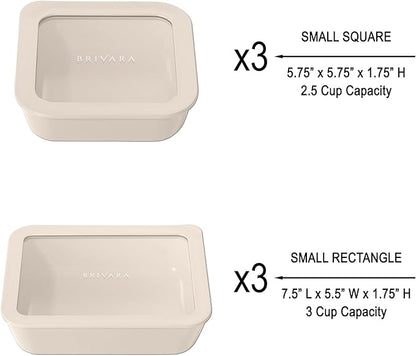 BRIVARA HOME Ceramic Coated Glass Food Storage Container | No PTFE, PFOA, PFAS, and BPA | Reusable Non Toxic Meal Prep Container with Glass Lid | Easy To Store | 6 Piece Food Prep [Crema]