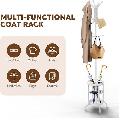 Coat Rack Freestanding, Coat Stand with Umbrella Holder, Metal Coat Tree with 12 Hooks, Coat Hanger Stand for Entryway, Coat Rack Stand for Bedroom, Living Room & Office