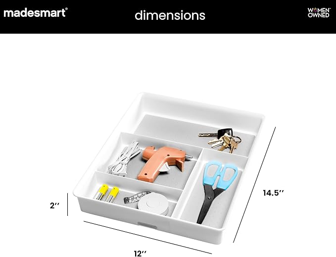 madesmart 4 Compartment Drawer Organizer, Multi Purpose Storage for Utensils, Office Tools, Cords, & Small Household Items, Tech Accessories, Arts & Crafts Supplies, Non Slip Lining, White