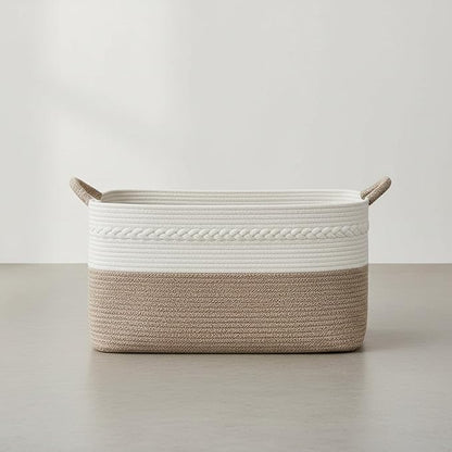 Large laundry basket woven from natural cotton rope with handles storage blankets for living rome big decorative quilted baskets for clothes toys pillows hamper 22"x14.6"x12" white/brown