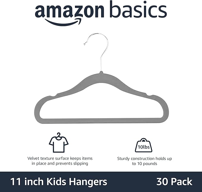 Amazon Basics Kids Velvet, Non-Slip Clothes Hangers (baby/toddler), 11.6 inches (for baby clothes), Pack of 30, Gray