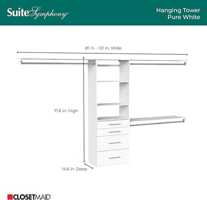 ClosetMaid SuiteSymphony Modern Hanging Closet Kit Includes (1) Tower, (3) Closet Rods, (4) Shelves, (3) Top Shelves w/Brackets, and (4) Drawers, White