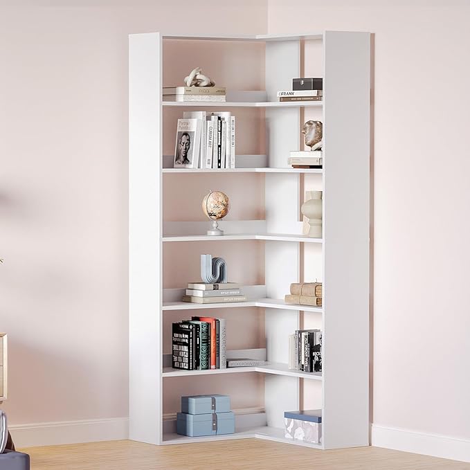 MXV 71.5" Tall L-Shaped Corner Bookshelf, 6-Tier 23.6" Wide Wooden Bookcase with Storage Organizer, Display Shelf for Home, Office, Living Room (23.6")