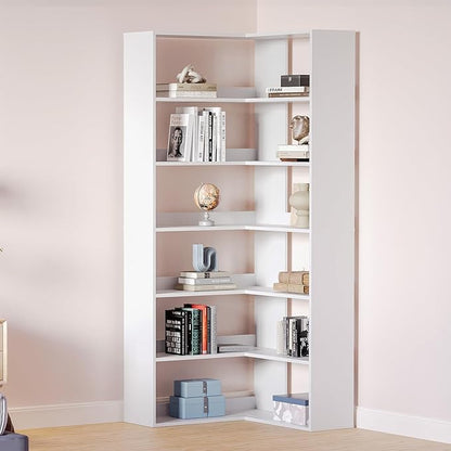 MXV 71.5" Tall L-Shaped Corner Bookshelf, 6-Tier 23.6" Wide Wooden Bookcase with Storage Organizer, Display Shelf for Home, Office, Living Room (23.6")