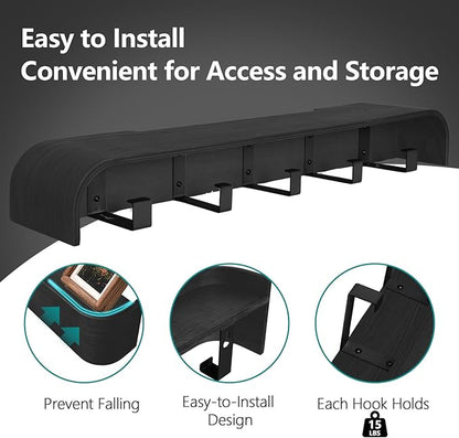 Coat Rack Wall Mount with Shelf 5 Hidden Hooks Modern Wooden Key Holder Entryway Organizer for Hallway Bedroom Bathroom Home Decor Storage for Hanging Coats Hats Bags Towels, Black