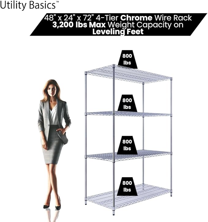 Utility Basics NSF Commercial 4-Tier Wire Shelving with Wheels, 48"x24"x72" Heavy Duty Metal Shelves 3200 lbs Max Capacity, Chrome Storage Rack for Garage Kitchen Pantry Warehouse