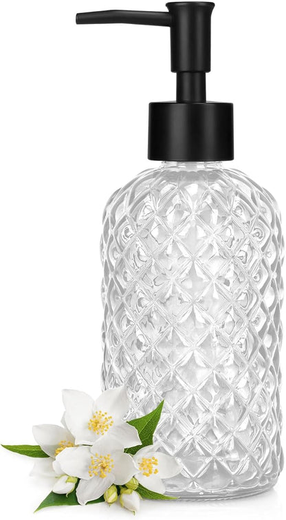 Topsky Gem Glass Soap Dispenser with Black Plastic Pump, 13oz Liquid Hand Soap Dispenser, Rustproof Pump for Kitchen & Bathroom, Great for Lotions, Essential Oil, Liquid Soaps-Clear