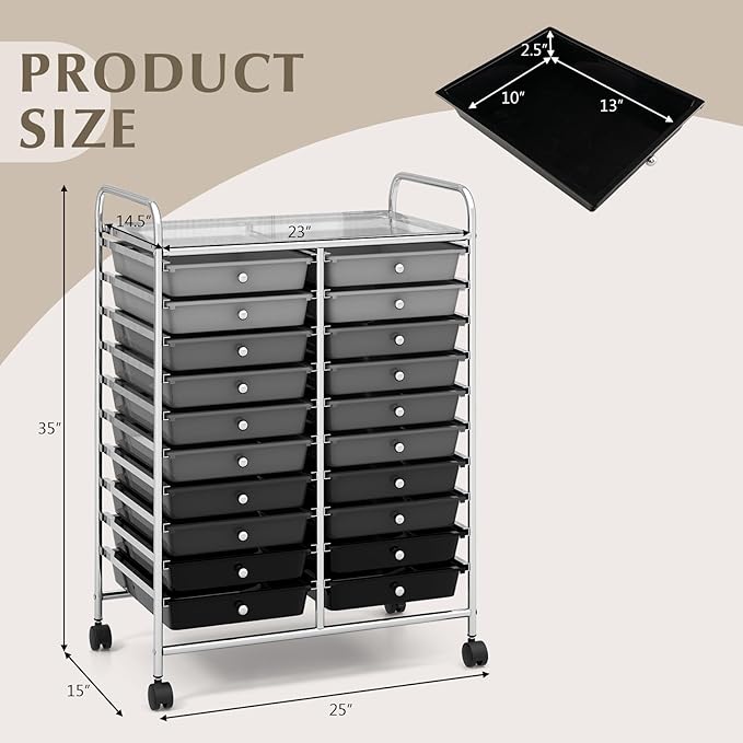 GOFLAME 20-Drawer Rolling Storage Cart, Multifunctional Art Craft Organizer Cart, Mobile Utility Storage Cart with Removable Drawers & Lockable Wheels, Craft Cart for Home Office School, Grey Gradient