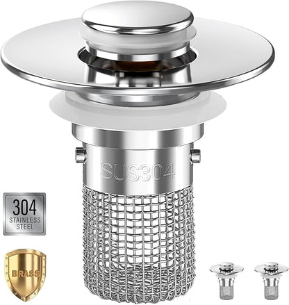 Sink Stopper Hair Catcher, Pop-up Sink Drain Strainer with Removable Stainless Steel Strainer Basket Hair Catcher, Bathroom Sink Strainer for Bathroom Sink Stopper Replacement (2, Silver)