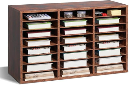 VEVOR Literature Organizer, 24 Compartments Office Mailbox with Removable Shelves, Wooden Mailbox Sorter Particle Board Office Home Classroom Storage, File Sorter for Documents, Papers, Retro Brown