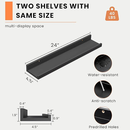 Heimlove Picture Ledge Shelf, Floating Shelves Set of 2, 24 Inches Picture Shelf for Wall with Ledge, Kids Bookshelf Wall Mounted for Living Room Bedroom Decor Books Photo Frames - Black