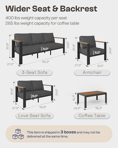 Aluminum Outdoor Sofa Bistro Set, 3 Piece Outdoor Patio Furniture Set with Washable Thick Cushion, Patio Sectional Furniture Set for Porch, Balcony, Deck, Yard, Graphite