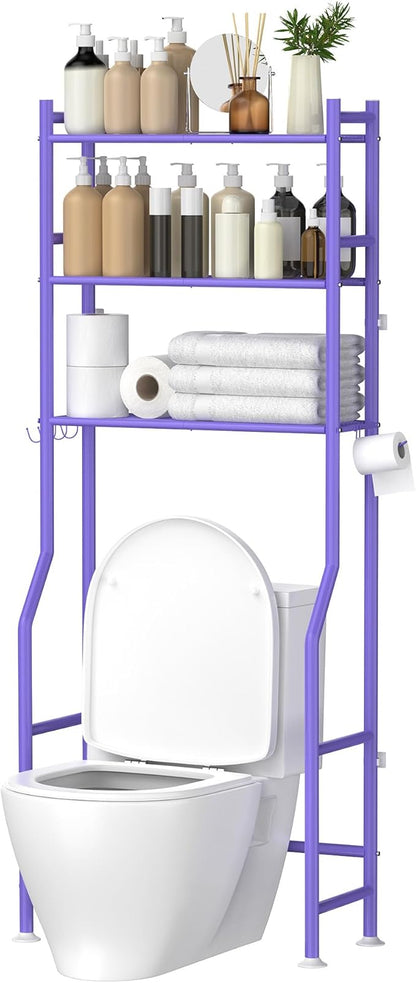 3-Tier Over The Toilet Storage, Space Saver Metal Bathroom Shelves, Freestanding Above Over Toilet Storage Shelf with 4 Hooks for Bathroom, Purple