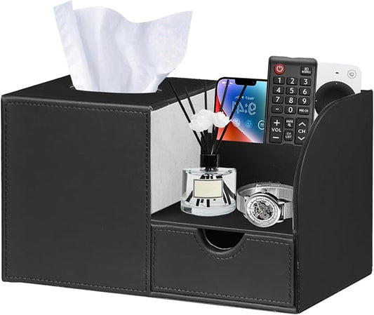 PUSU Square Tissue Box Cover with Storage Drawer, PU Leather Facial Tissues Cube Boxes Holder, Modern Makeup Remote Control Holder, Nightstand Organizer Caddy for Bathroom Vanity, Office, Home Decor