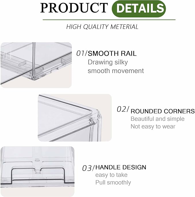 bealy 2 Pack Stackable Clear Storage Drawer,Clear Refrigerator Organizers and Storage Drawer, Pull Out Drawer for Fridge Kitchen Bathroom Cabinet Closet Office Organizer