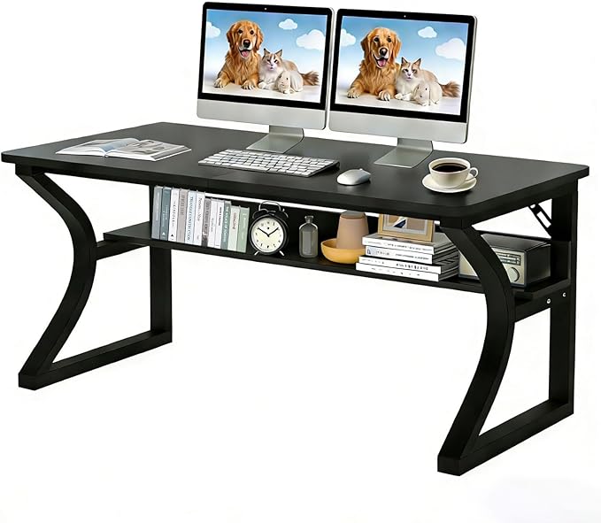 Computer Desk, 55'' Home Office Desks Computer Desk w/Storage Shelf, Study Writing Desk w/U Shaped Metal, Cable Management, Work Table w/Water-Resistant Deeper Thicker Desktop for Home Office