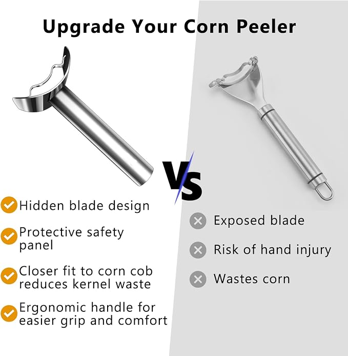 Safe Corn Peeler with Hidden Blade for Corn on the Cob, Stainless Steel Corn Stripper Tool, Easily Removes Kernels, No Knife Needed