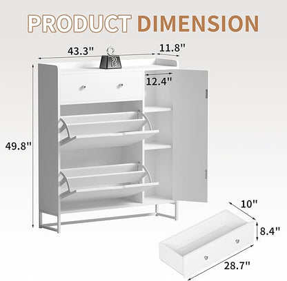 YESHOMY Shoe Cabinet for Entryway, Shoe Storage Cabinet with 2 Flip-Front Doors & Drawers, Shoes Organizer for Living Room and Hallway, White