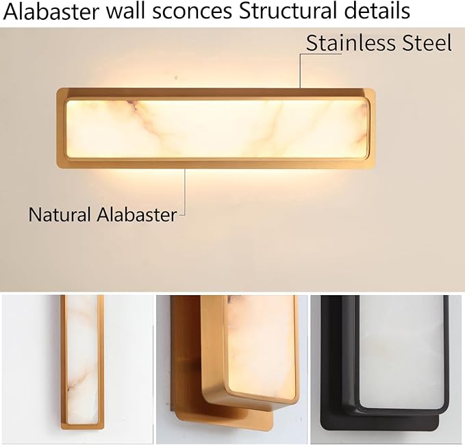 LED Natural Alabaster Wall Sconces,15W Warm Yellow 2700K Wall Mounted Wall lamp Indoor,Alabaster Gypsum Wall Mounted Lighting for Living Room (Brass Gold)