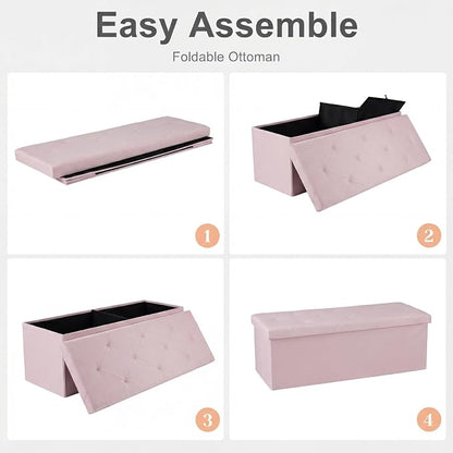 Sweetcrispy 43 Inch Folding Storage Ottoman Bench, Large Hidden Storage Chest with Padded Seat, Foot Rest Stool Supports Up to 660Lbs, End of Bed Bench for Bedroom, Living Room, Linen Fabric, Pink