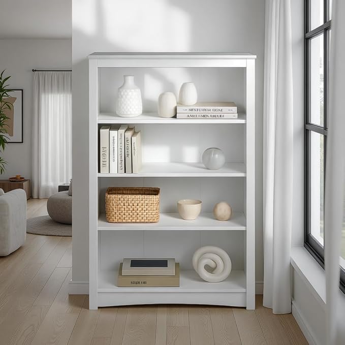 Prepac Sonoma 4-Tier Bookcase 48"H with 3 Adjustable Shelves, White Storage Cabinet, Modern Display Cabinet, Bookshelf with Storage Shelves for Home Office, Living Room Organizer