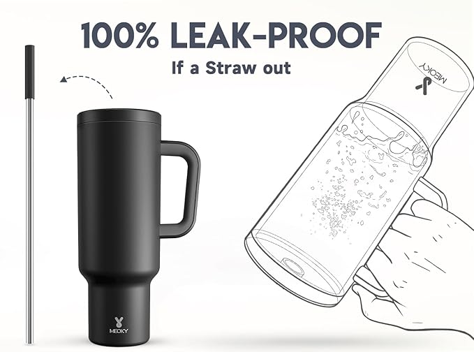 Meoky 50 oz Tumbler with Handle, Tumbler with Lid and Straw, Insulated Stainless Steel Travel Mug, 100% Leak-proof, Keeps Cold for 36 Hours or Hot for 12 Hours (Night)