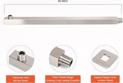 HarJue Shower Head with Extension Arm, High Pressure Square with ShowerArm, Stainless Steel Rainfall-Waterfall Full Body Coverage (16'' Shower with 20'' Arm, Brushed Nickel)