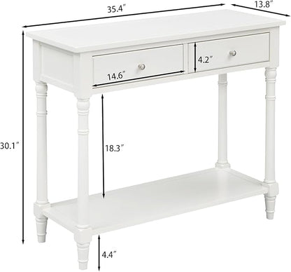 Solid Wood Console Table with 2 Drawers, 2-Tier 35.4" X 30" Accent Sofa Table with Multilayer Storage Shelf Rustic Hall Entryway Tables for Living Room Home Office-Ivory White