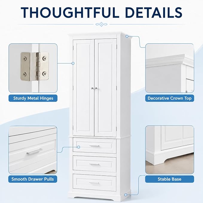 Storage Cabinet, Tall Bathroom Cabinet with Adjustable Shelf | Tall storage cabinet, upper enclosed cabinet and 3 pull-out compartments keep daily essentials organized