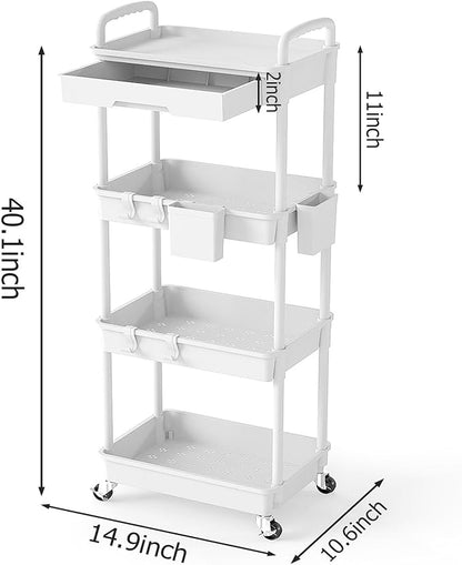 LLMRR 4 Tier Rolling Utility Cart with Drawer, Plastic Storage Organizer Rolling Carts with Wheels Handles Hanging Cups Hooks for Office, Bathroom, Kitchen,Craft Art Room (White)