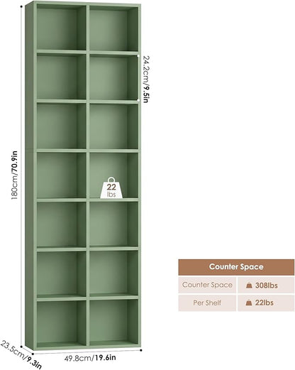FOTOSOK 71'' Tall Bookshelf Set of 2, 7 Tier Large Bookshelf with Adjustable Shelves, Wide Bookcases and Bookshelf, DVD/CD Media Tower Storage, Cube Book Shelf Display Storage Cabinet, Green