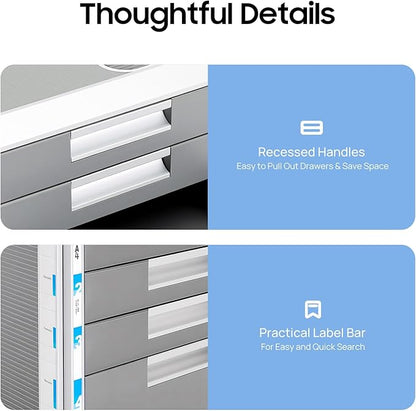 Desk Organizer with 4 Drawers, Metal Desktop Storage Cabinet File Holder with Locks and Keys, Filing Case Literature Organizer for Office Home, L12.4*D13.8*H11.7in, Silver & Grey