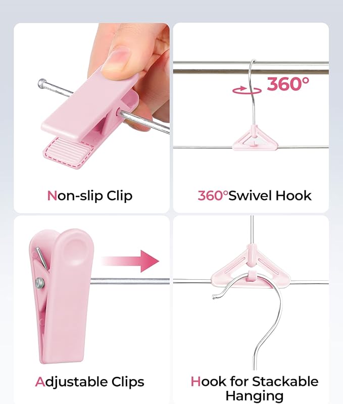 Skirt & Pant Hangers with Clips for Women - 50 Pack Space Saving Stackable Skirt Hangers with Clips - Non-Slip, Adjustable for Kid, Adult, Men, Children, Baby, Pink