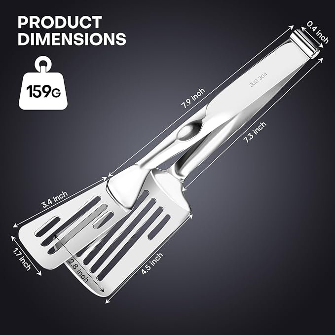 2-in-1 Spatula Tongs, 11.8 Inch 304 Stainless Steel Kitchen Tongs for 12 Inch Cooking Use, Detachable Metal Tongs with Oil Drain Holes for Grilling Frying Steak