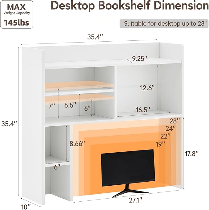 Desktop Bookshelf, Wooden Desk Hutch with 7 Shelves, 35.4" 3-Tier Desk Organizer and Storage Shelf for College Dorm Office Home (White)