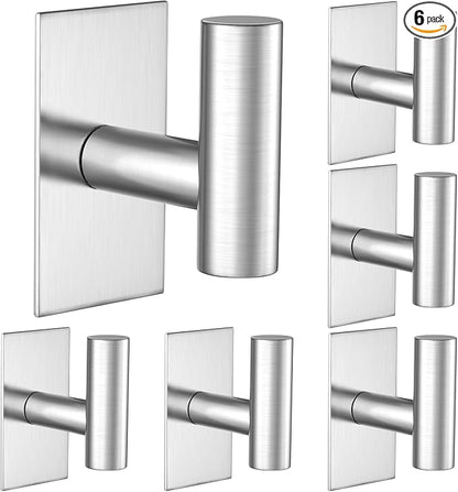 VAEHOLD Wall Towel Hooks, Heavy Duty Sticky Holder Waterproof Towel Hooks for Hanging Coat, Clothes, Closet Hook Wall Mount for Kitchen (Silver, 6 Pack)