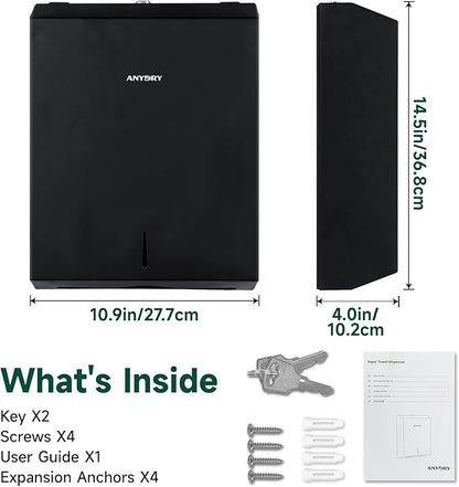 Commercial Paper Towel Dispenser Wall Mount 400-Sheet Capacity Matte Black Stainless Steel Lockable Fits Multifold/Z-Fold Towels (Folded Size ≤ 10.6" x 3.9")