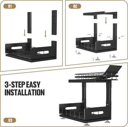 Under Sink Organizer Upgrade To Professional Rails,2-Tier Dual Pull Out Cabinet Storage,Height Adjustable Slide Out Drawers For Bathroom Kitchen,2 Pack-14.5" Dx12.8-16.9" H,Black