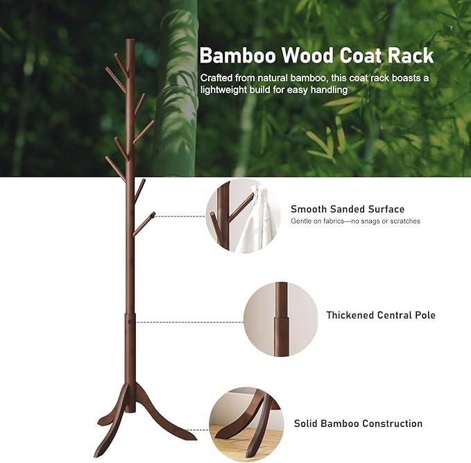 kiplant Bamboo Wood Coat Rack Stand, Freestanding Coat Tree with 8 Hooks, Hallway Entryway Hat Hanger Organizer Standing for Bedroom, Office, Clothes, Jackets, Bags, Umbrallas