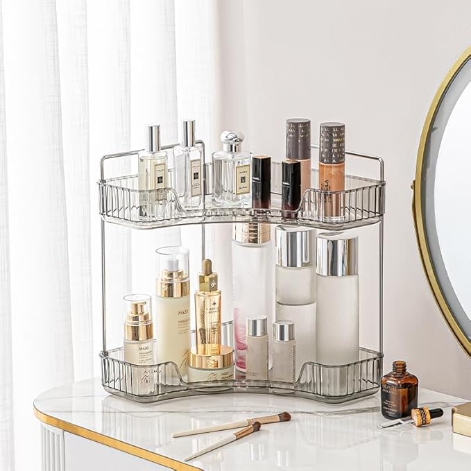 Grey Bathroom Counter Shelf - 2 Tier Vanity Organizer for Skincare, Makeup, Toiletries, Lotions & Perfumes