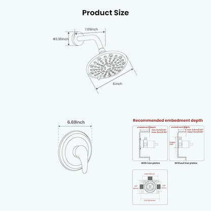 gotonovo Shower Faucet Set Bathroom Shower Head and Handle Set Complete 6 Settings 6 inch Rainfall Shower Head Kit High Pressure Shower System Combo Shower Trim Kit with Valve Polished Chrome
