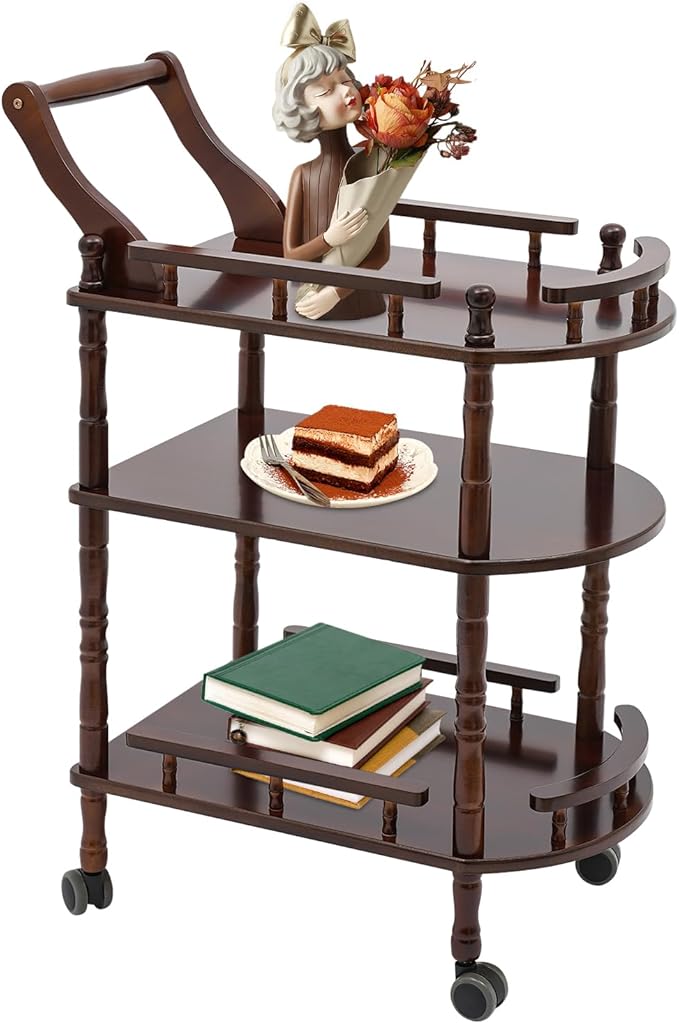 3 Tier Rolling Bar Cart, Home Bar Serving Cart, Brown Wood Mobile Bar Cart Serving Cart with Practical Handle, Multifunctional Utility Cart, for Hotels, Living Rooms, Offices, Kitchens