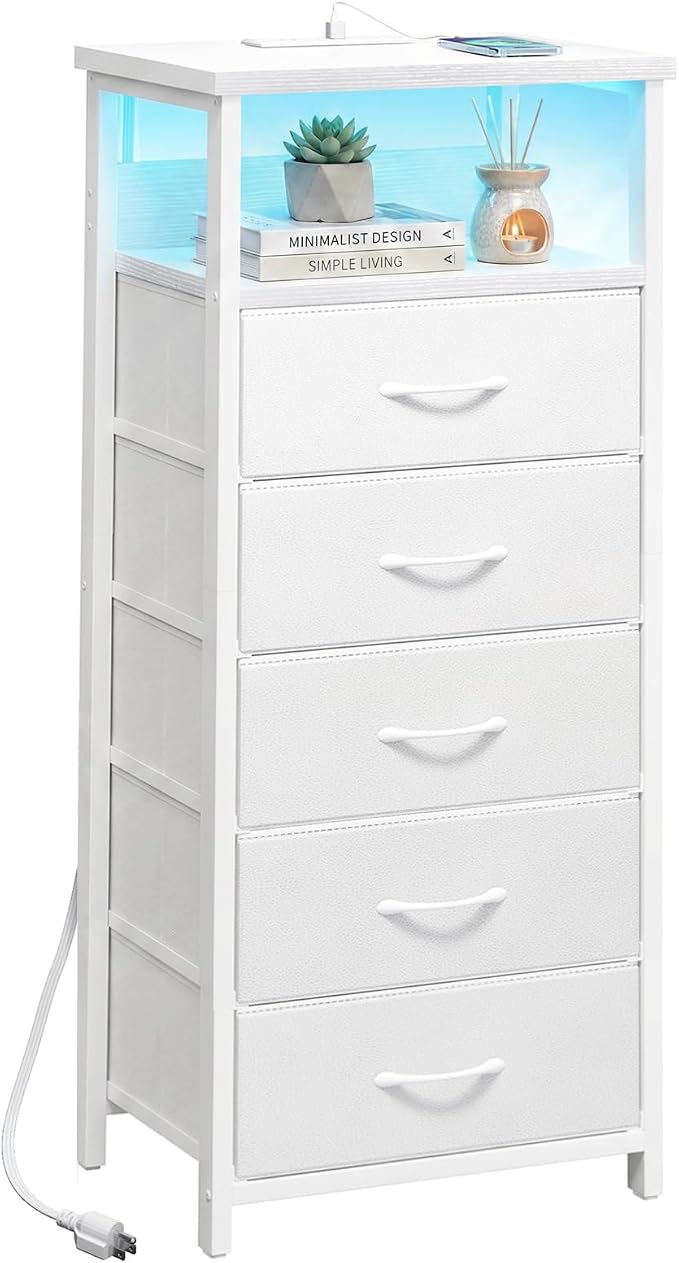Fixwal Tall Nightstand with Charging Station and LED Lights, Night Stand with PU Finish Fabric Storage Drawers, 5 Drawer Dresser, White
