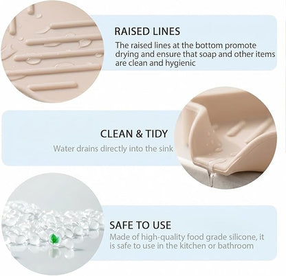 MicoYang Silicone Soap Dish with Drain Spout, Self-Draining Sink Organizer Tray for Bathroom and Kitchen, Sponges, Dispensers and Soap Holder, Non-Slip & Dishwasher Safe, Tapioca (Compact, 4.9"×3.2")
