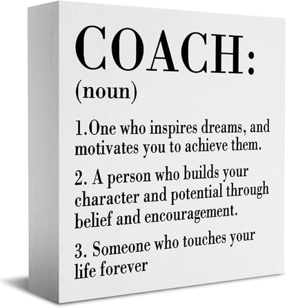HTBIG Rustic White Wooden Coach Definition Sign, 5.1 x 5.1 Inches, Perfect for Home Office, Bedroom, Classroom, Cubicle, Counseling Desk, Shelf, Table Decoration